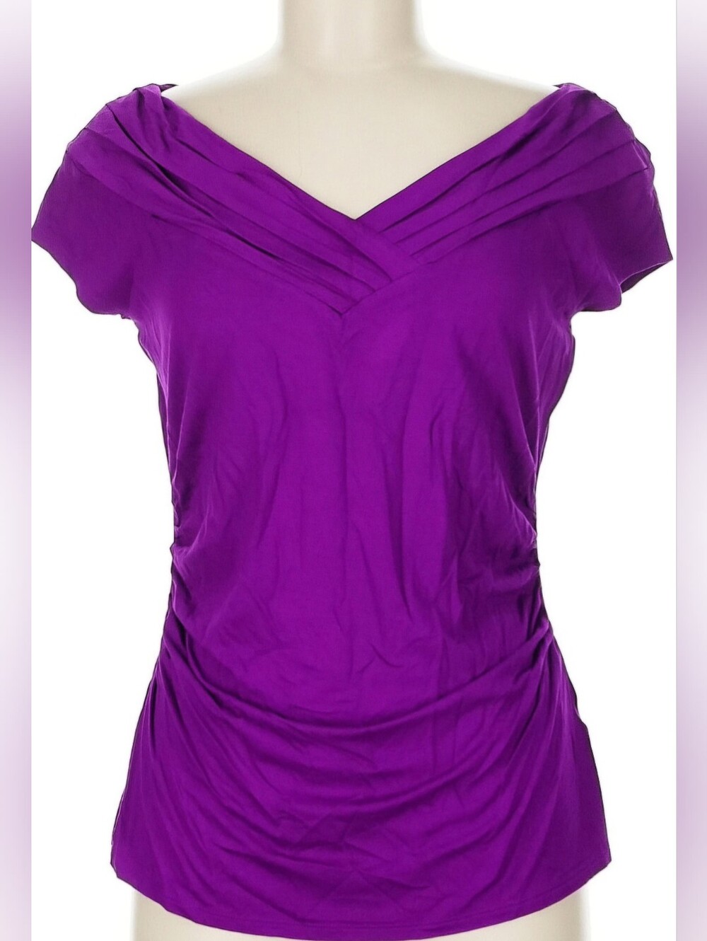 White House Black Market Starlet Violet Purple Ruched Off Shoulder Blouse NWOT M